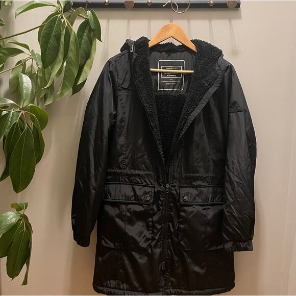 Lucky Brand M Hooded Black Jacket | Fleece Lined, Water-Resistant MSRP $199 EUC - Picture 1 of 11